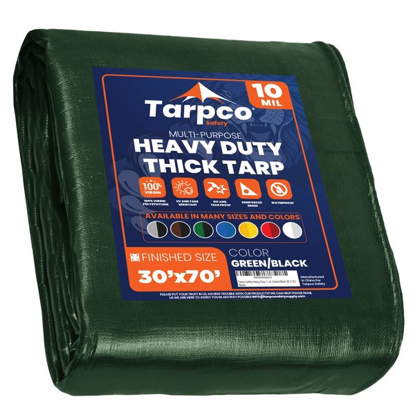 Tarpco Safety 70 ft L x 0.5 mm H x 30 ft W Heavy Duty 10 Mil Tarp, Green/Black, Polyethylene TS-153-30X70
